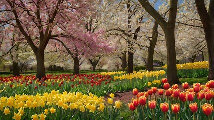 Spring blossoms and vibrant tulips daffodils grace a garden scene