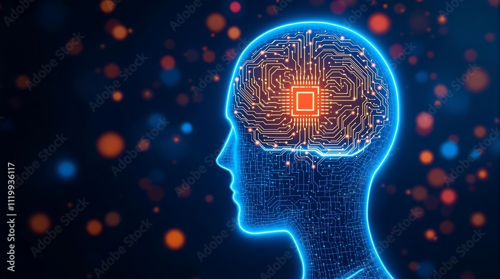 Poster human brain with implanted neural ink chip and neural connection to computer neuroengineering concep