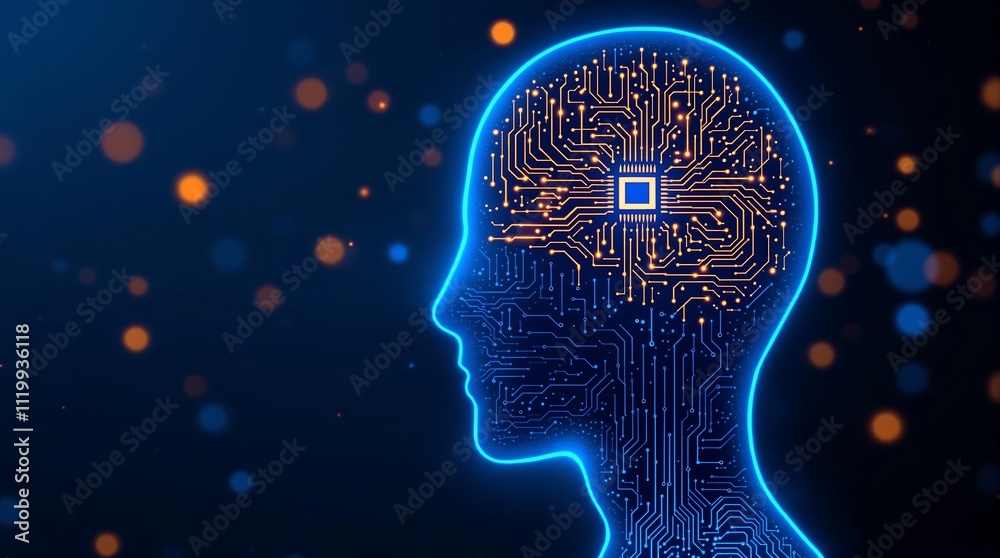 Poster human brain with implanted neural ink chip and neural connection to computer neuroengineering concep