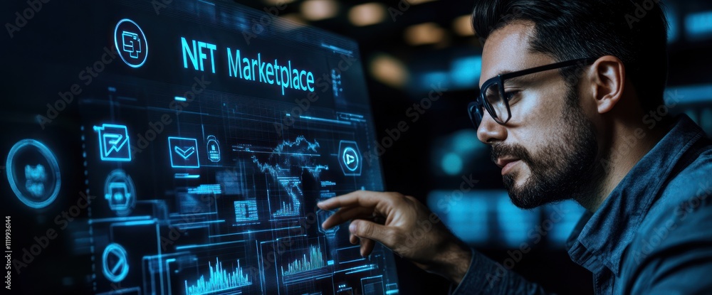 Poster a person interacting with a digital interface for an nft marketplace.
