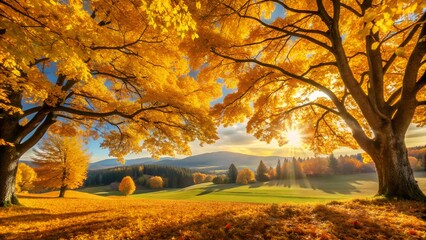 Scenic view of a colorful autumn landscape with bright yellow trees and a vibrant sunset