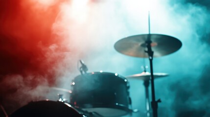 A drum set emerges from colorful red and blue smoke, creating a dynamic and intense atmosphere, emphasizing the power and rhythm associated with music.