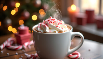 Photorealistic, steaming cup of mint mocha with whipped cream and crushed candies