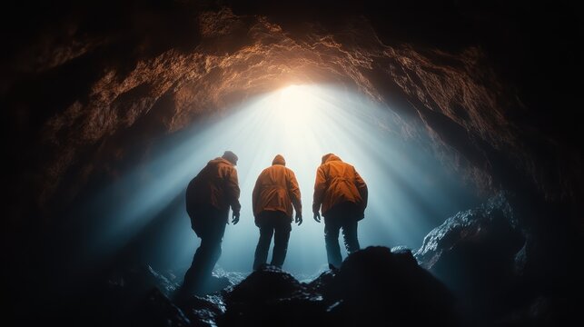 An intriguing photograph of a trio exiting a cave toward an unknown light source, capturing the sense of adventure, hope, and the mystery of stepping into the unexplored.