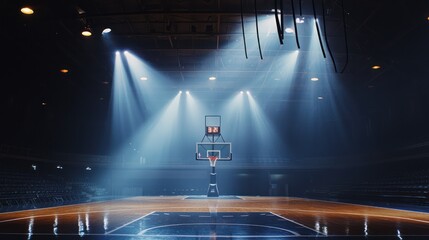 A captivating view of an NBA game, where perspective meets an indoor basketball court bathed in dramatic spotlight.