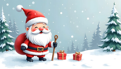 Watercolor cute kawaii Santa, Wcol style