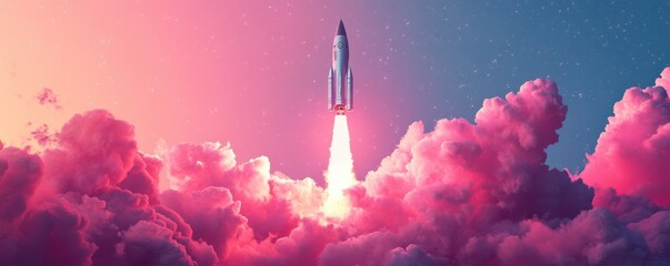 A rocket launching through vibrant pink clouds against a dreamy sky, capturing the adventurous spirit of space exploration and limitless possibilities.