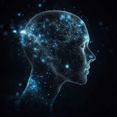 Abstract digital art glowing dot human head silhouette