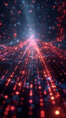 Fototapeta premium Abstract digital art scene with red and blue particles creates depth and motion, resembling a mix of deep space and a high-tech world, evoking mystery and curiosity.