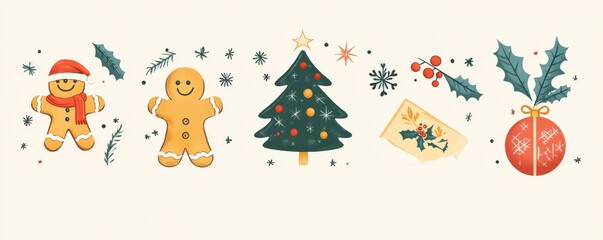 Fototapeta premium A charming set of illustrated Christmas icons featuring whimsical gingerbread characters, a festively decorated tree, and holiday-themed gifts