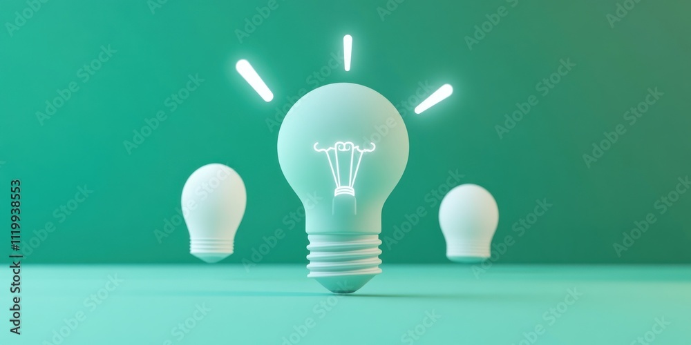 Poster a glowing light bulb with rays symbolizes ideas and innovation against a minimalist background.