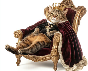 A regal cat sitting on a throne, wearing a crown and royal robes, exuding majestic charm and confidence.