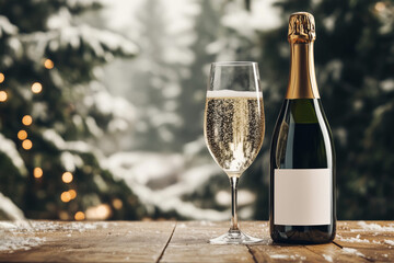 A bottle of wine with blank mockup label and a glass on a table  with snowy park in the background