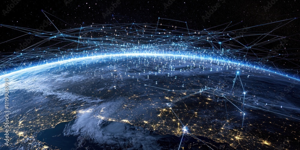 Poster A view of Earth from space with digital connections representing global networks.