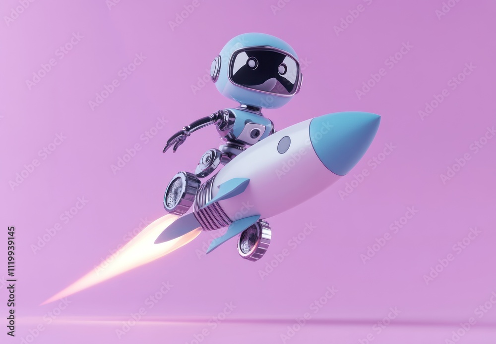 Poster a cute robot riding a rocket, symbolizing adventure and exploration in a playful style.