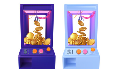 Slot machine elevator machine for getting gifts, gold coins and cash.. Bright neon grab machines. 3d realistic illustration. Vector