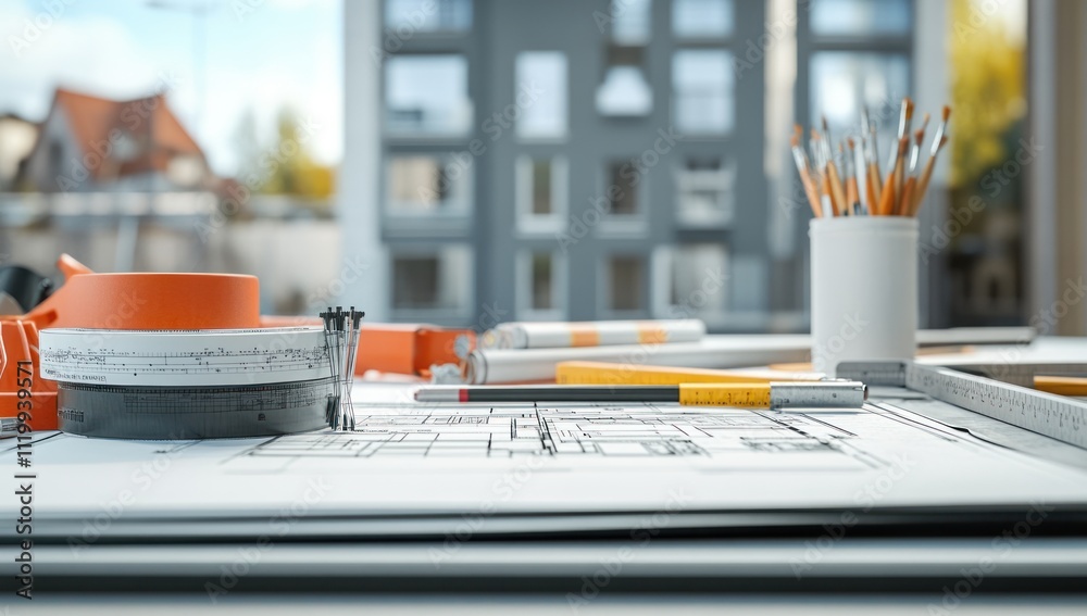 Poster a workspace with architectural plans, tools, and stationery for design projects.