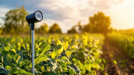 Close-Up of Soil Moisture Sensor Standing in Lush Green Crop Field Under Beautiful Sunset Sky with Golden Light, Capturing Agricultural Technology in Action