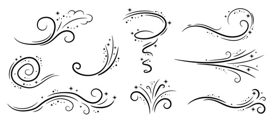 Winter wind doodle illustration set. Frosty curly pattern with snow collection of sketch design elements.