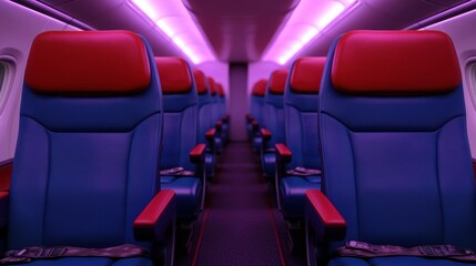 Obraz premium Airplane interior with red and blue seats modern design travel setting