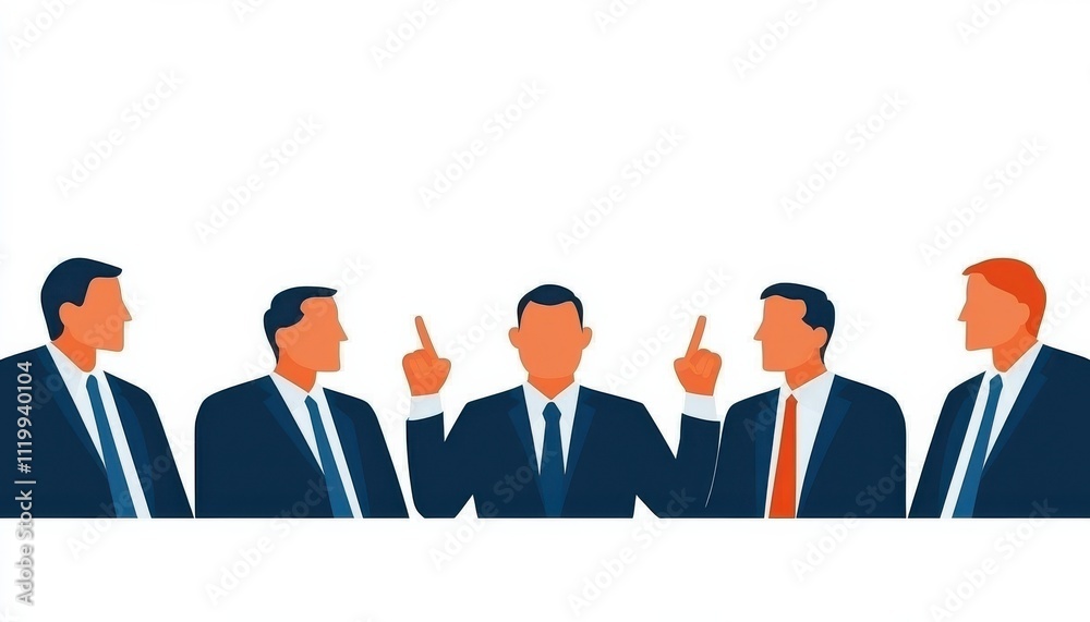 Poster A group of men in suits engaged in a discussion, with one gesturing emphatically while others listen attentively.