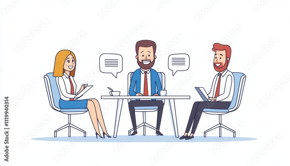 Poster Three professionals engaged in a discussion around a table, with speech bubbles indicating conversation topics.