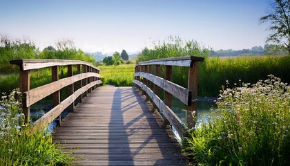 Obraz premium Scenic wooden bridge over a tranquil waterway.