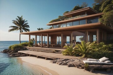 Obraz premium Cozy House by the Ocean with Pristine and Clean Design, Perfect for Advertising a Tropical Beach