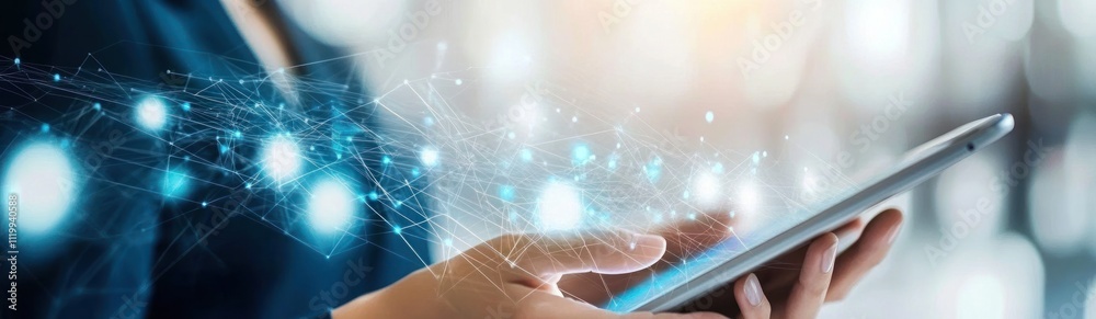 Poster A person using a smartphone with a digital network overlay.