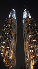 Obraz premium Nighttime view of two skyscrapers with lights on in downtown