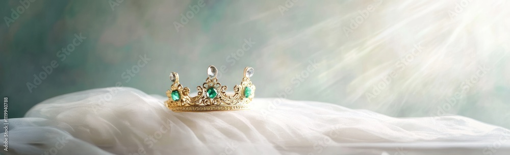 Poster a golden crown adorned with emeralds rests on soft fabric, illuminated by gentle light.