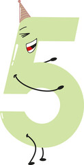 
A playful number 5 with a mischievous smile, wearing a party hat and striking a dynamic pose