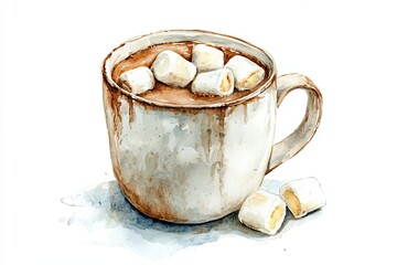Watercolor painting of hot chocolate with marshmallows