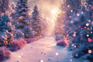 Snowy path in a magical winter forest, adorned with glowing lights on snow-covered trees. Perfect for Christmas, winter, or holiday themed projects, evoking warmth and wonder.