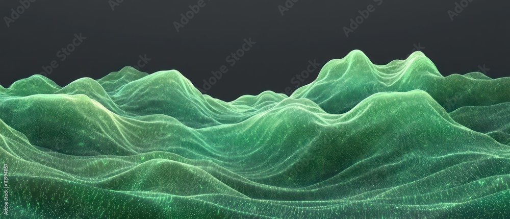 Poster Abstract green wave-like patterns create a digital landscape with depth and movement.