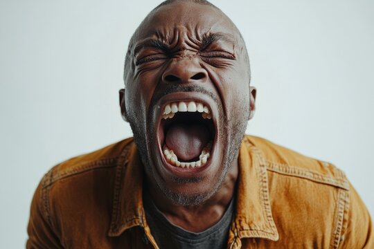 Angry man shouting with wide open mouth and closed eyes
