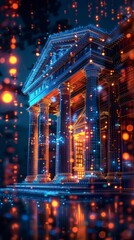 Rendered scene blends ancient architecture with digital aesthetics. Key building with pillars surrounded by digital particles. Dark background emphasizes vibrant, digital atmosphere