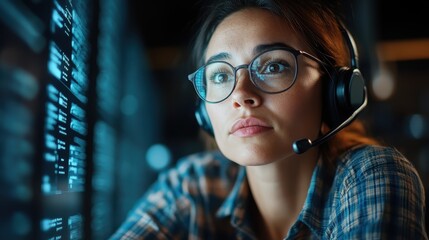 A woman with glasses wears a headset while analyzing data on a computer screen, surrounded by code, highlighting focus and the world of programming.