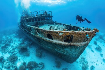 Diver exploring a sunken shipwreck covered in coral reefs