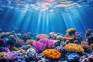 Naklejka premium Sunbeams illuminating a colorful coral reef in a deep blue ocean