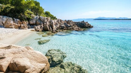 Fototapeta premium Serene Coastal Paradise: Turquoise Waters and Granite Rocks
