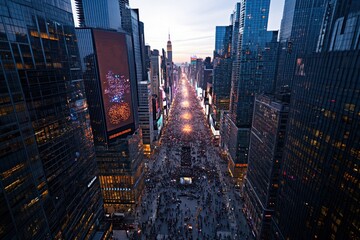 An aerial shot of Times Square captures the vibrant energy of New York City, highlighting the dynamic blend of crowds, bright lights, and iconic landmarks.