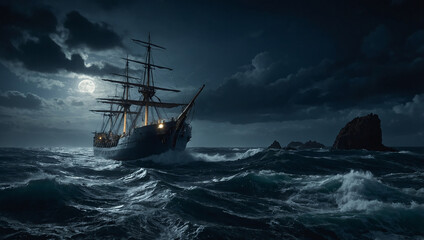 Obraz premium A large sailing ship sails on a dark, stormy sea under a full moon.