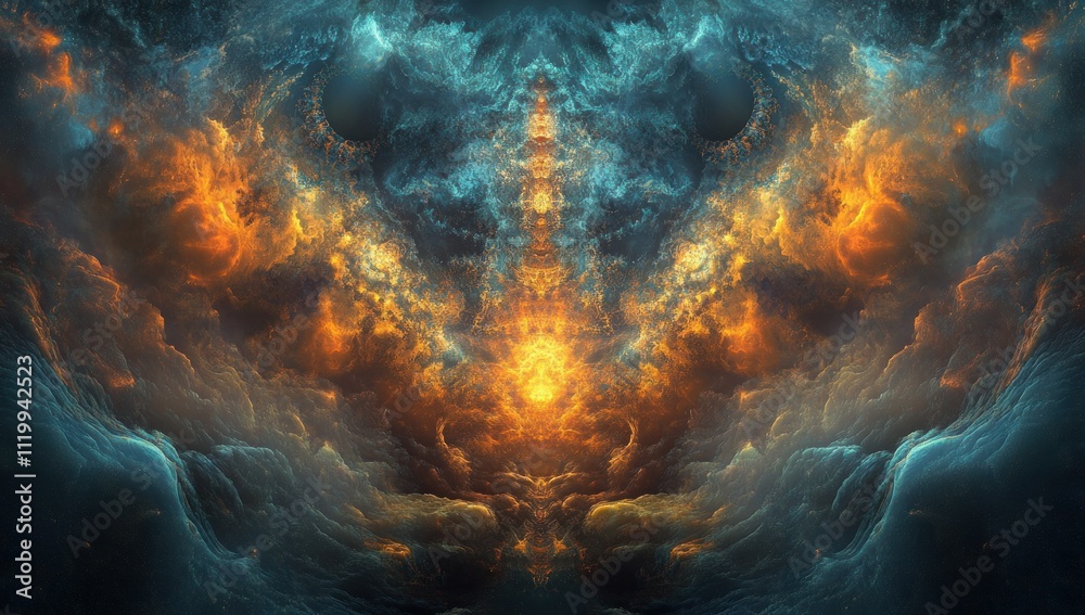 Poster a vibrant cosmic scene with swirling clouds and fiery colors suggesting depth and mystery.