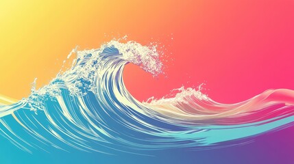 Colorful ocean wave with splashes against a vibrant sunset backdrop.