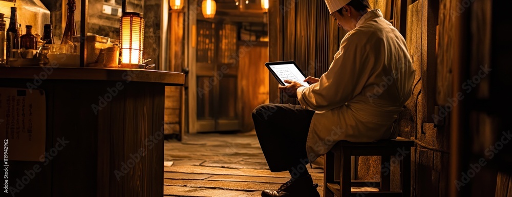 Aufkleber a chef seated in a rustic setting, using a tablet for work or communication.