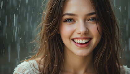 Obraz premium A young woman with long, raven hair and piercing blue eyes stands under the downpour, her eyelashes heavy with raindrops as she laughs with abandon. Her golden locks are drenched, water cascading down