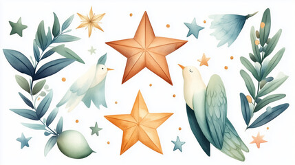 Whimsical watercolor birds and stars in a serene composition