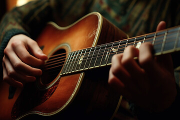Fototapeta premium A close-up shot of hands playing an acoustic guitar, with the strings and neck in sharp focus against a soft-focus background. A cozy atmosphere.