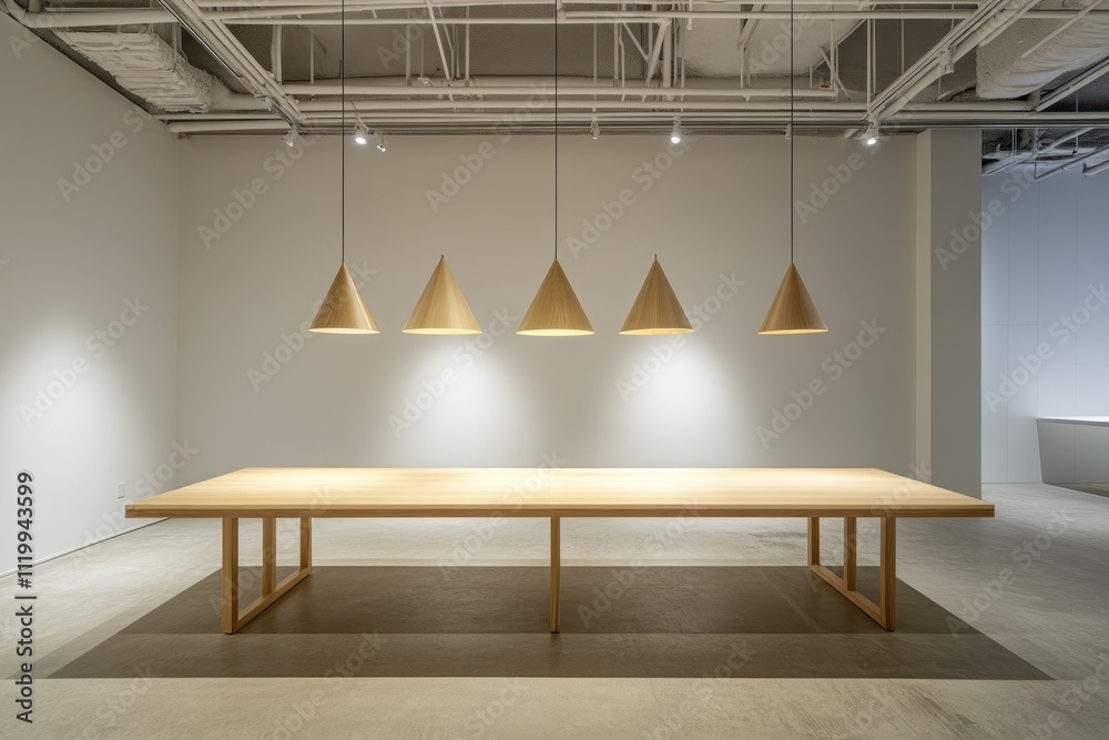 Poster a minimalist meeting space featuring a large table and pendant lights.